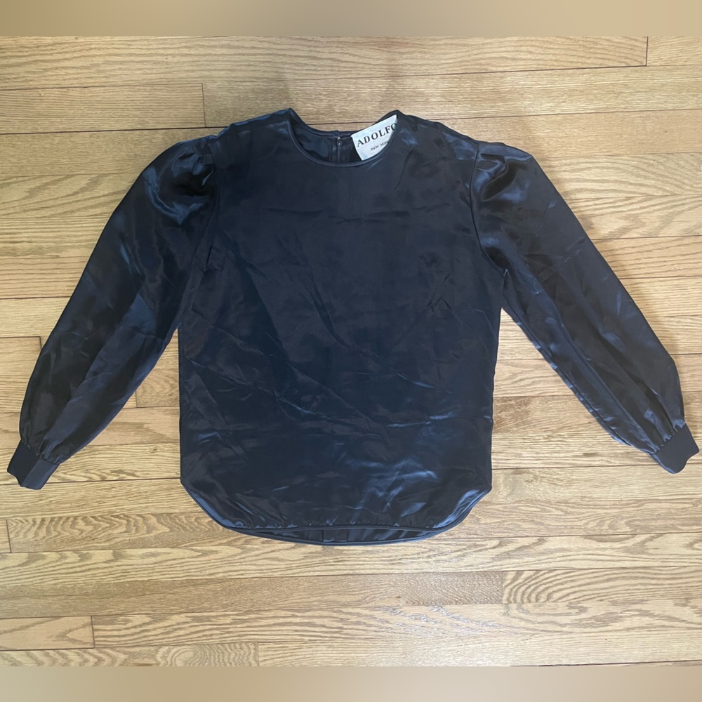 ADOLFO NEW YORK - Authentic Union Made VTG Classic Black Silk Long Sleeve Blouse
